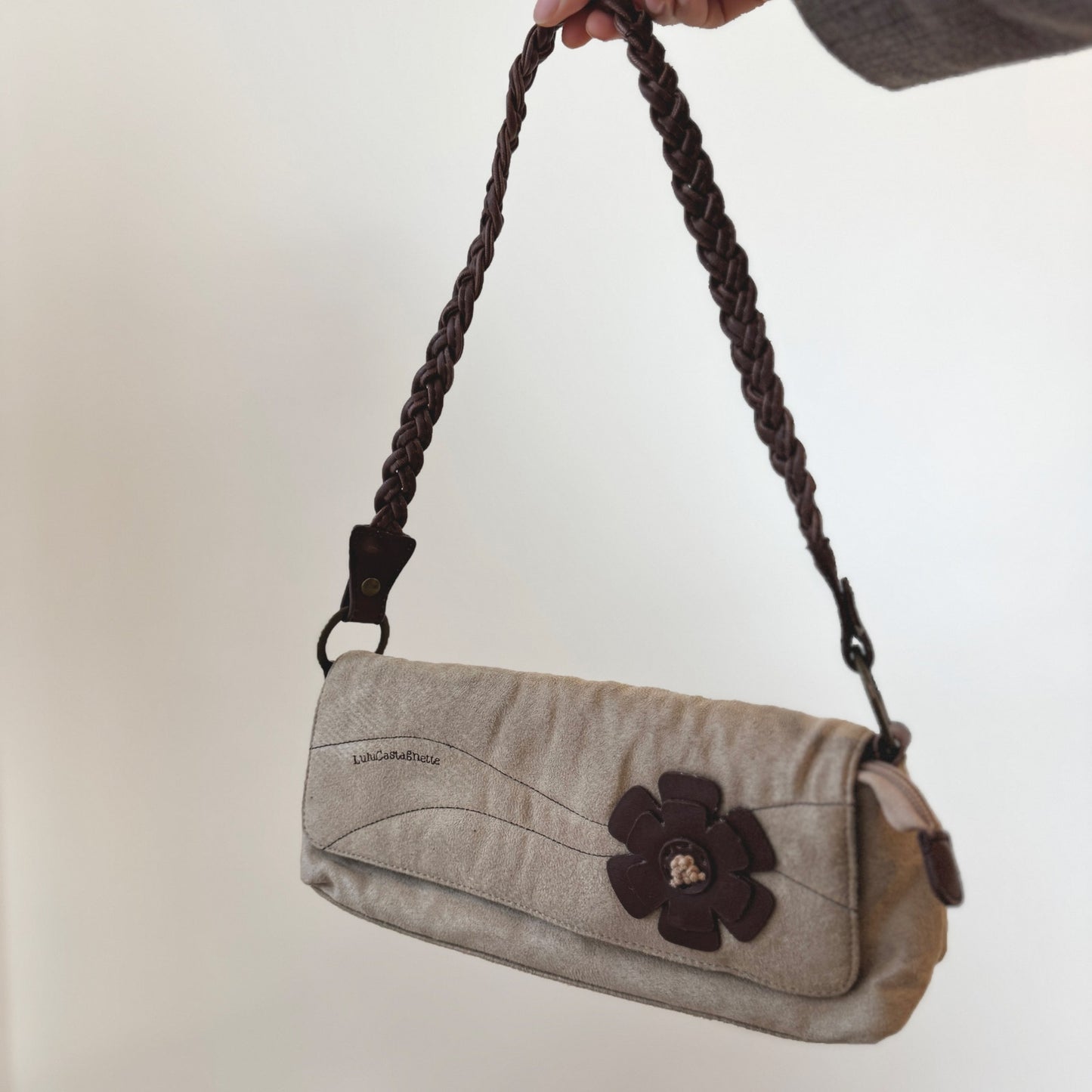 Vintage Lulu Castagnette Beige Faux Suede Shoulder Bag with Braided Strap