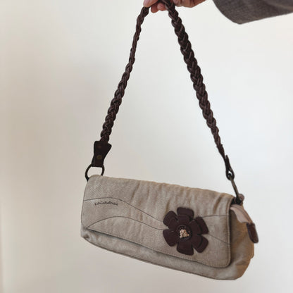 Vintage Lulu Castagnette Beige Faux Suede Shoulder Bag with Braided Strap