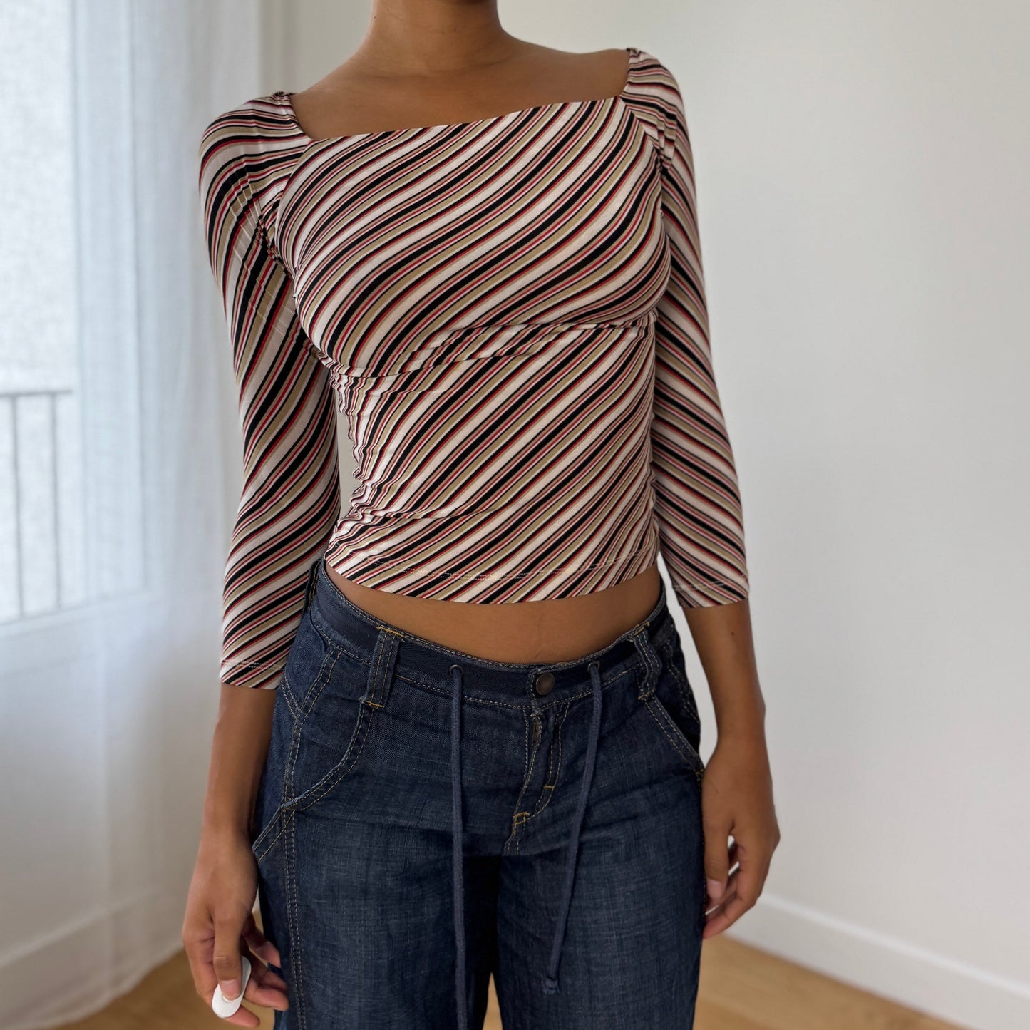 Vintage Italian Diagonal-Stripe Slinky Square-Neck Top (XS/S)