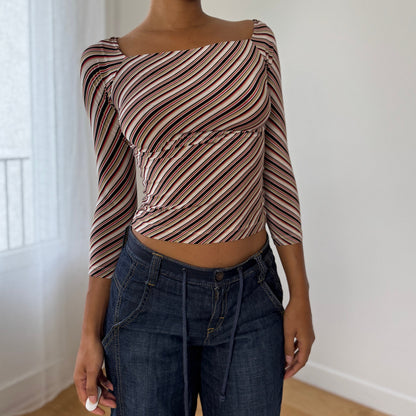 Vintage Italian Diagonal-Stripe Slinky Square-Neck Top (XS/S)