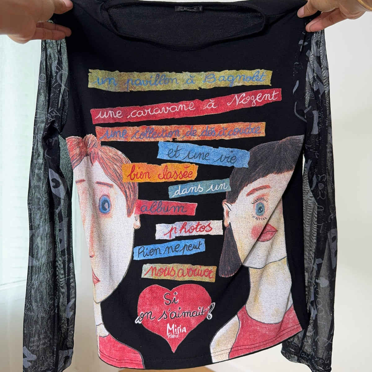 Misia Paris French vintage Y2K black illustrated graphic top with French poetry print & sheer doodle mesh sleeves