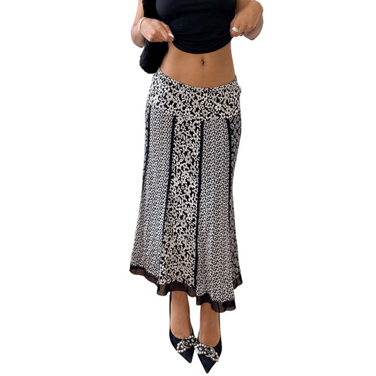 Vintage Euro Black White Floral Midi Skirt Slinky Satin Ruffle Hem (S)