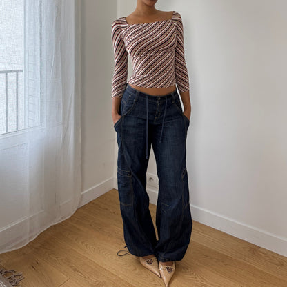 Vintage Italian Diagonal-Stripe Slinky Square-Neck Top (XS/S)