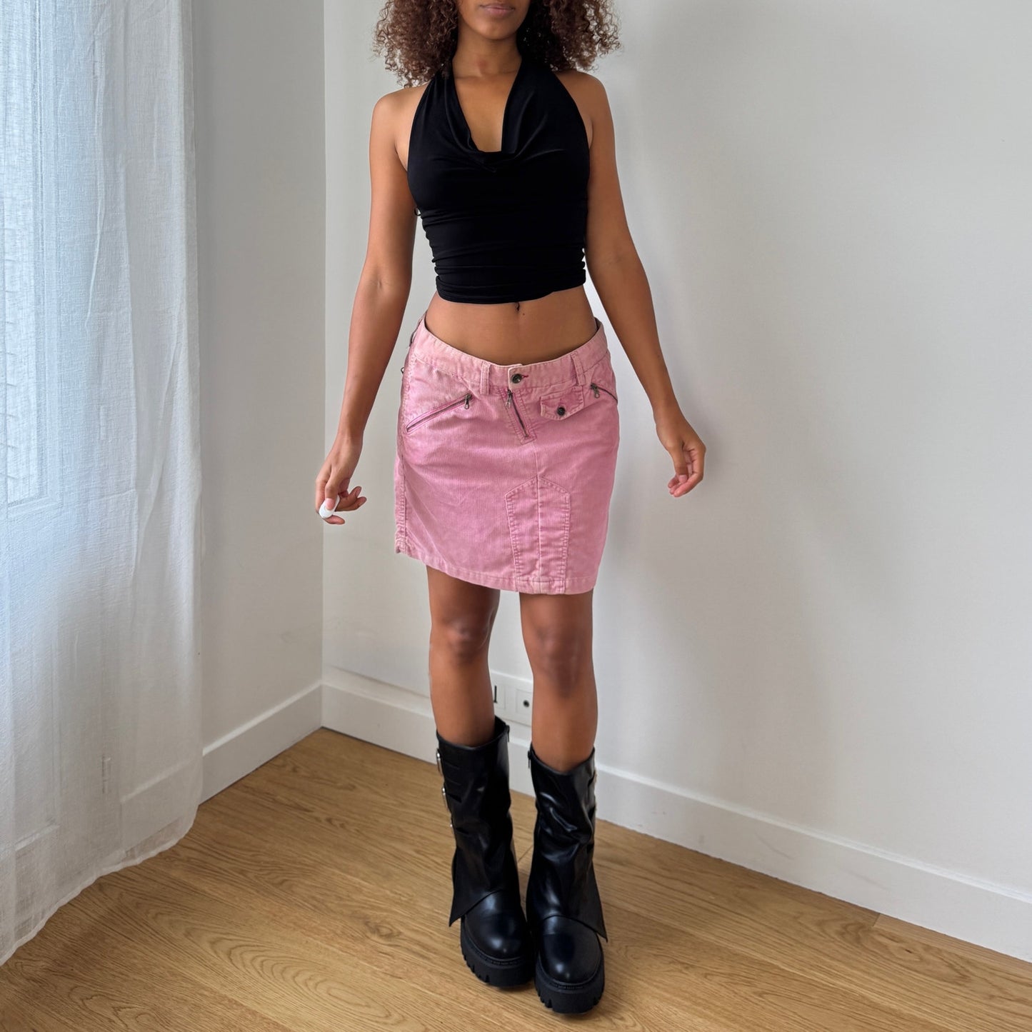 Y2K Pink Corduroy Graphic Mini Skirt (S)