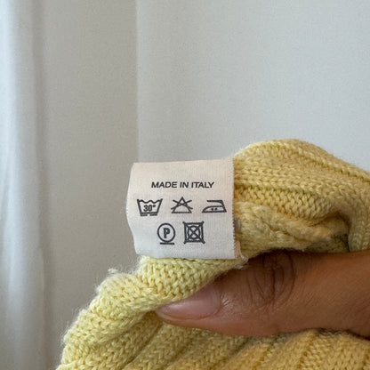 Vintage Yellow Ribbed Knit Merino Wool Sweater Foldover Neck Italian Y2K (S)
