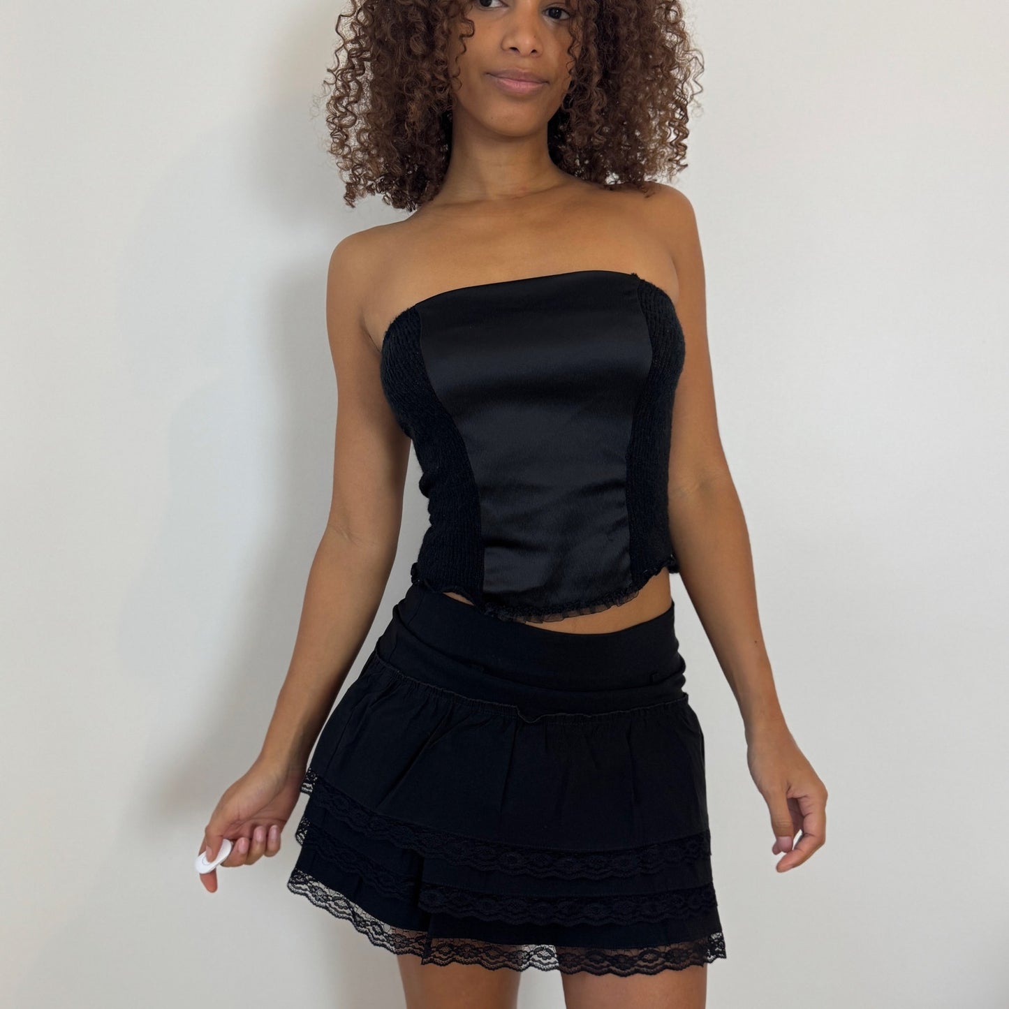 Vintage French black tiered lace mini skirt (S)