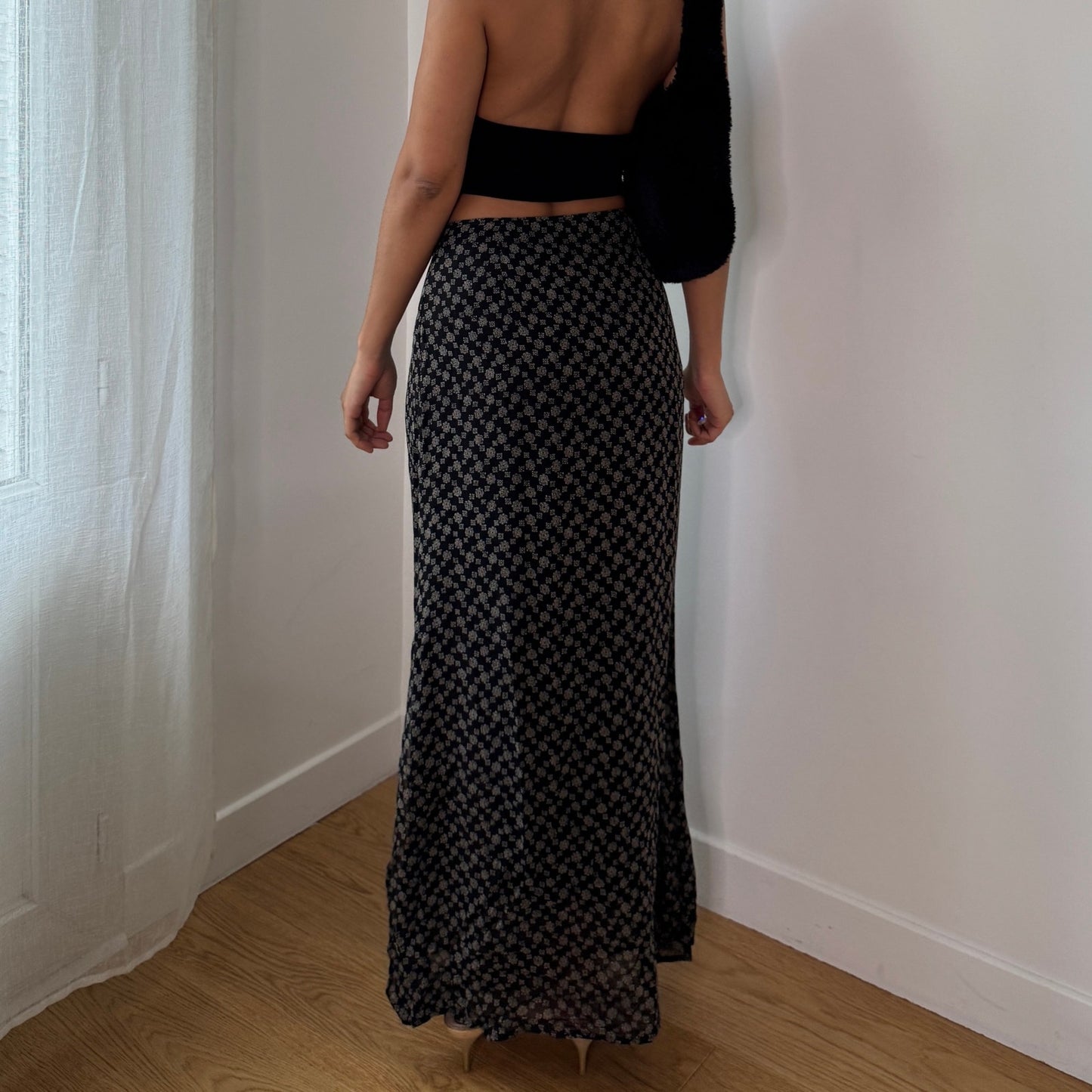 Vintage Black Beige Micro Floral Mesh Maxi Skirt Italian Y2K Skirt (S) ⠀