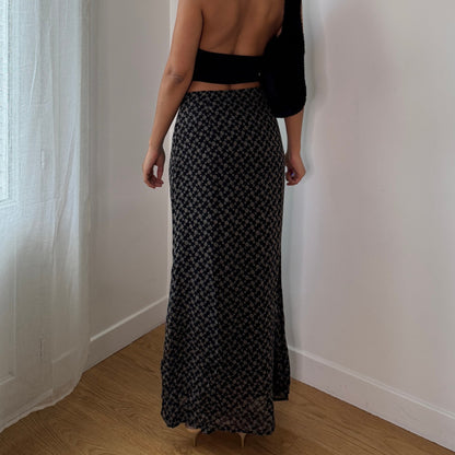 Vintage Black Beige Micro Floral Mesh Maxi Skirt Italian Y2K Skirt (S) ⠀