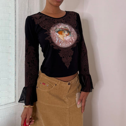 Misia Paris French vintage Y2K black illustrated portrait mesh top with brown lace print & sheer bell sleeves