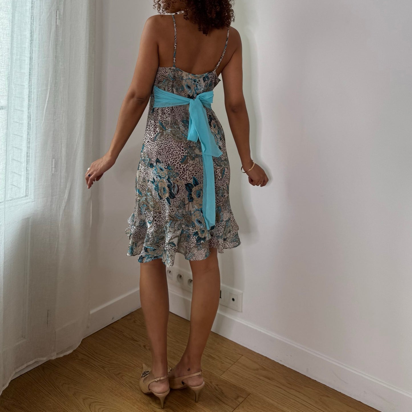 Vintage Blue Floral Mesh Slip Dress Euro Y2K (S/M)