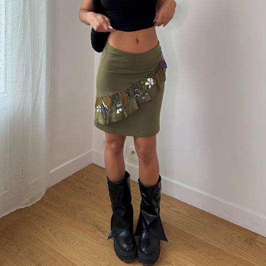 Vintage Olive Green Slinky Floral Ruffle Mini Skirt Spanish Vintage (S) ⠀