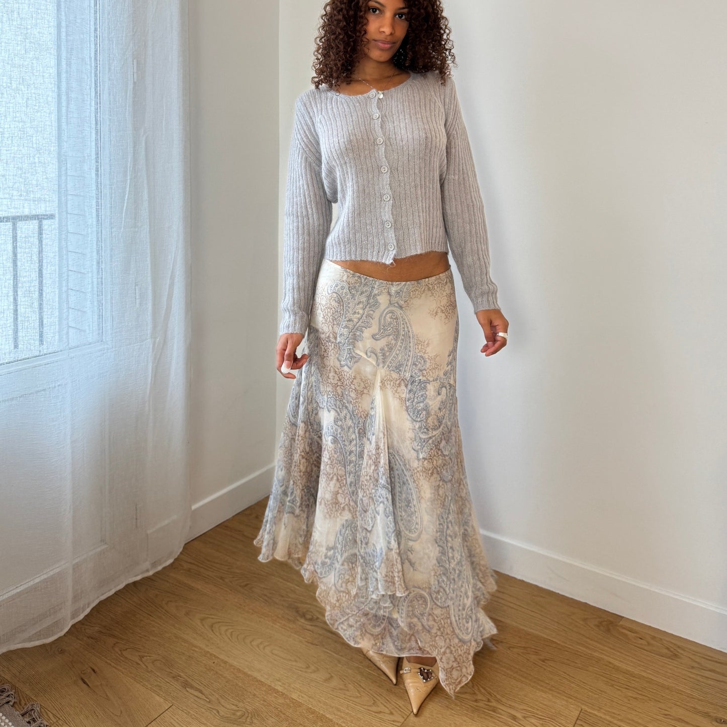 Italian Vintage light grey ribbed mohair-blend knit button-front cardigan (Medium)