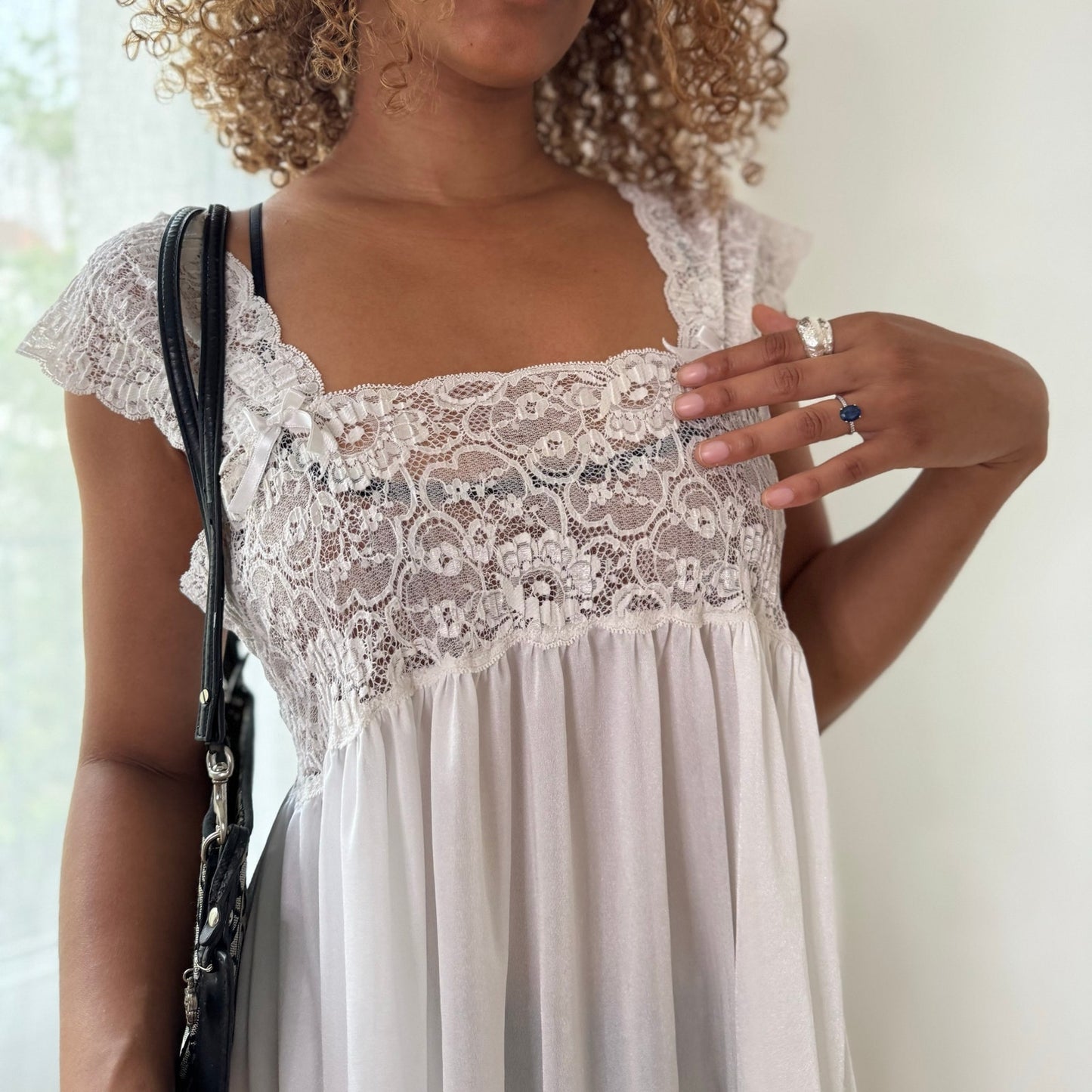 Vintage White Lace Babydoll Top Cap Sleeve Empire Waist Italian Y2K (S)