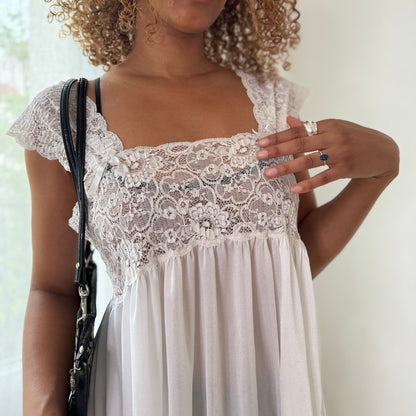 Vintage White Lace Babydoll Top Cap Sleeve Empire Waist Italian Y2K (S)