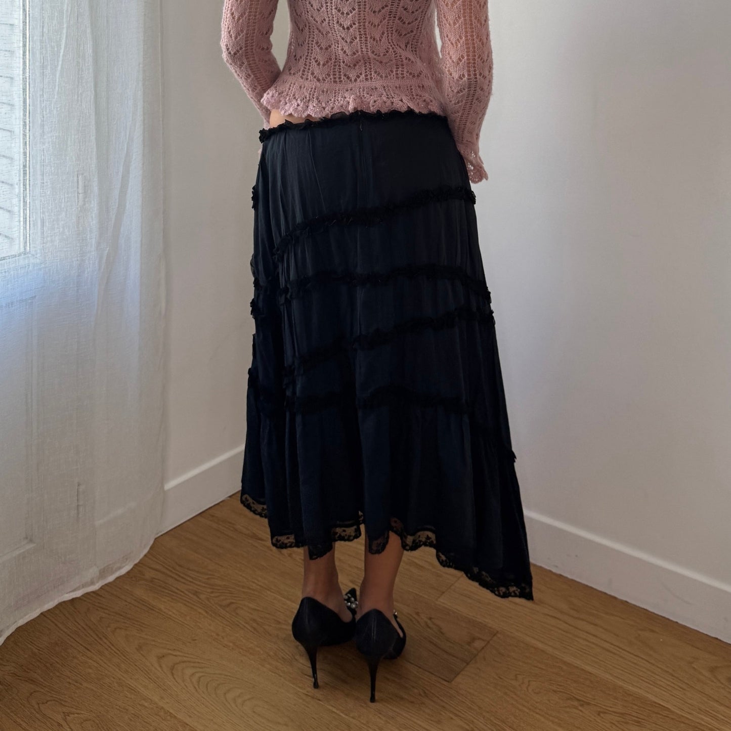 Vintage Italian Black Tiered Cotton Midi Skirt Lace Trim (S/M)