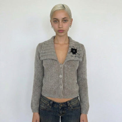 Italian Vintage Taupe Mohair Wool Cardigan Embellished Floral (S)