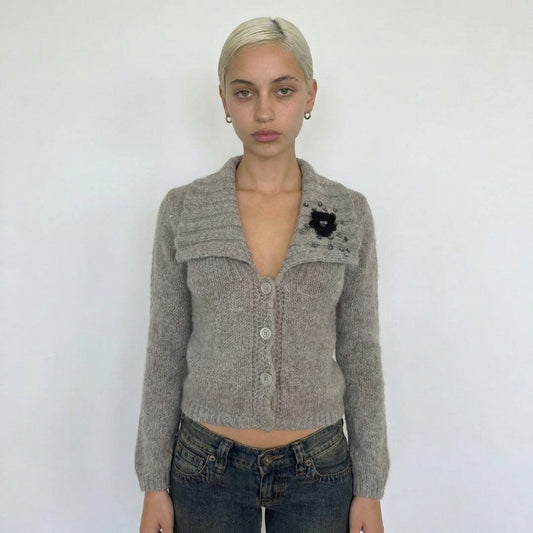 Italian Vintage Taupe Mohair Wool Cardigan Embellished Floral (S)