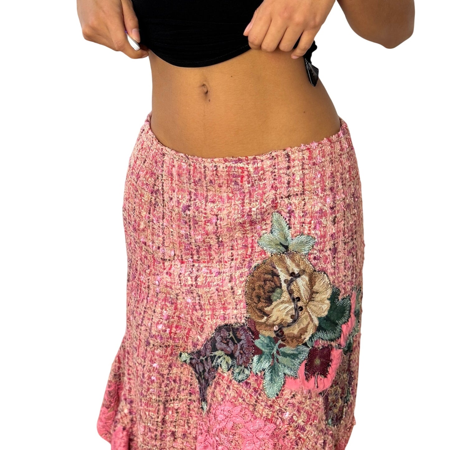 Vintage Italian pink textured tweed midi skirt with floral applique lace hem (S)