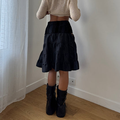 Vintage Italian black tiered midi skirt with velvet panel & beaded trim (S)