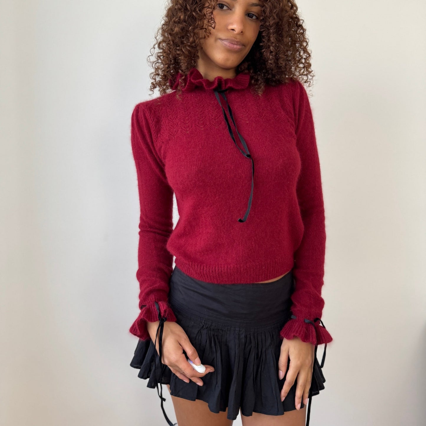 Vintage Euro Burgundy Angora Ruffle Neck Knit Long Sleeve Top (Small)