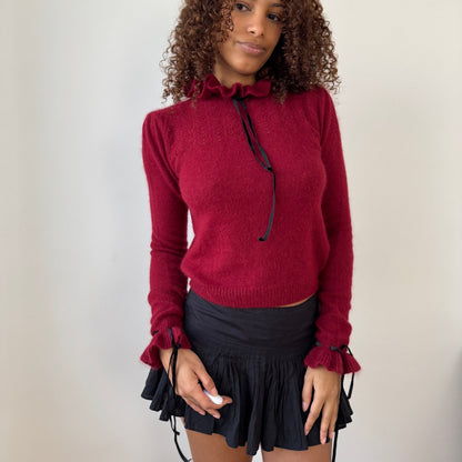 Vintage Euro Burgundy Angora Ruffle Neck Knit Long Sleeve Top (Small)