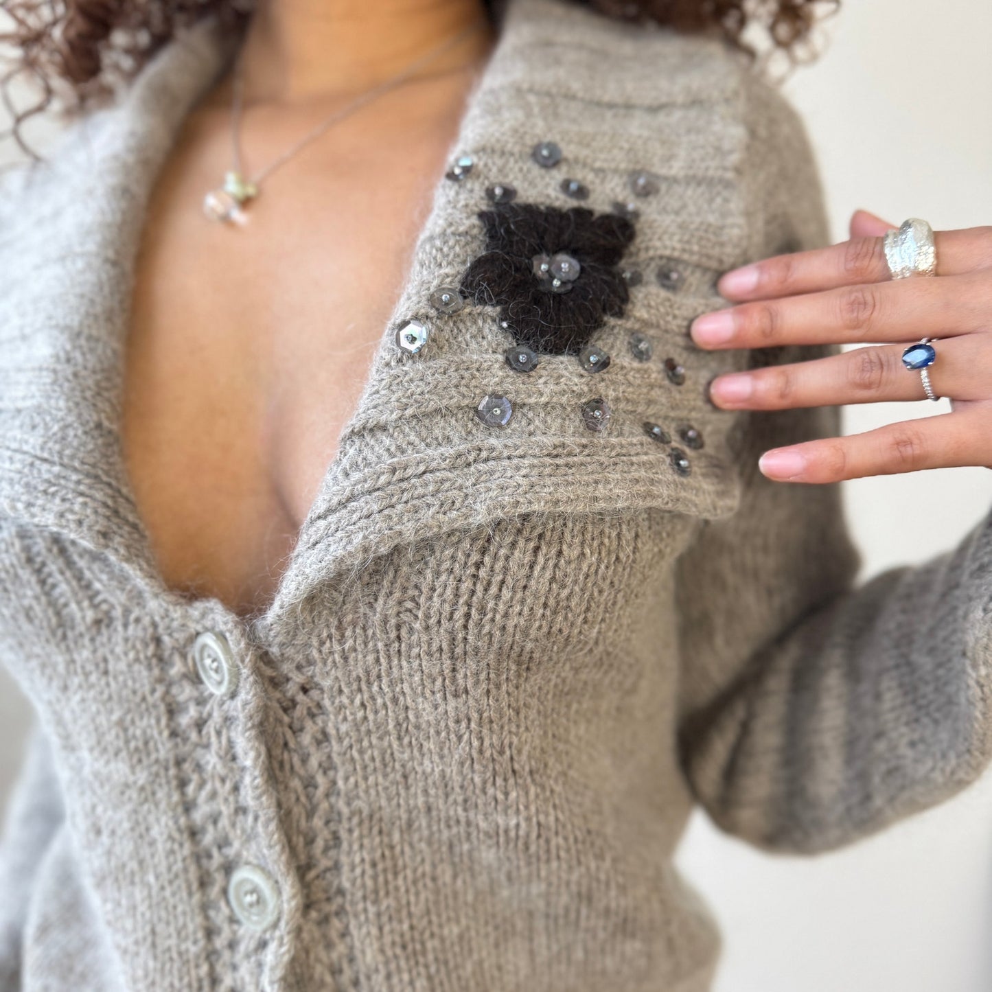 Italian Vintage Taupe Mohair Wool Cardigan Embellished Floral (S)