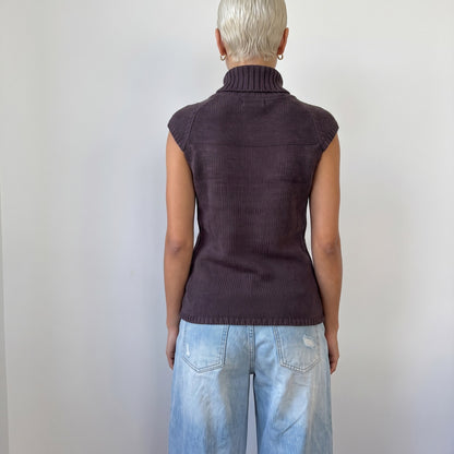 Vintage French Brown Cable Knit Button Front Vest Y2K (S)