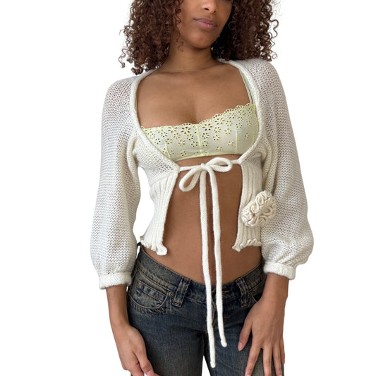 Vintage Italian 90s cream open knit tie front cardigan with oversized floral appliqué handmade in Italy (XS)