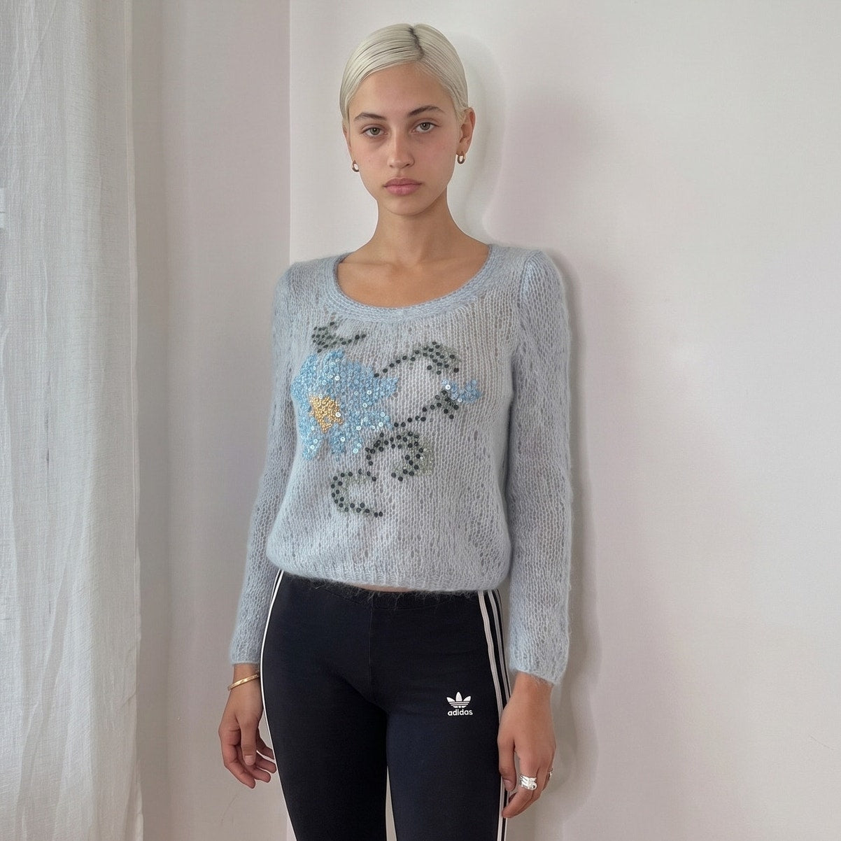 Vintage Baby Blue Mohair Blend Sequin Floral Sweater Italian Y2K (S/M)