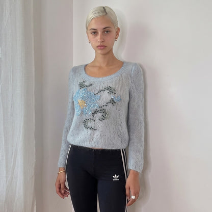 Vintage Baby Blue Mohair Blend Sequin Floral Sweater Italian Y2K (S/M)