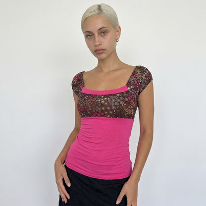 Vintage Pink Floral Mesh Tie Back Top Slinky Y2K Euro Cami (XS/S)