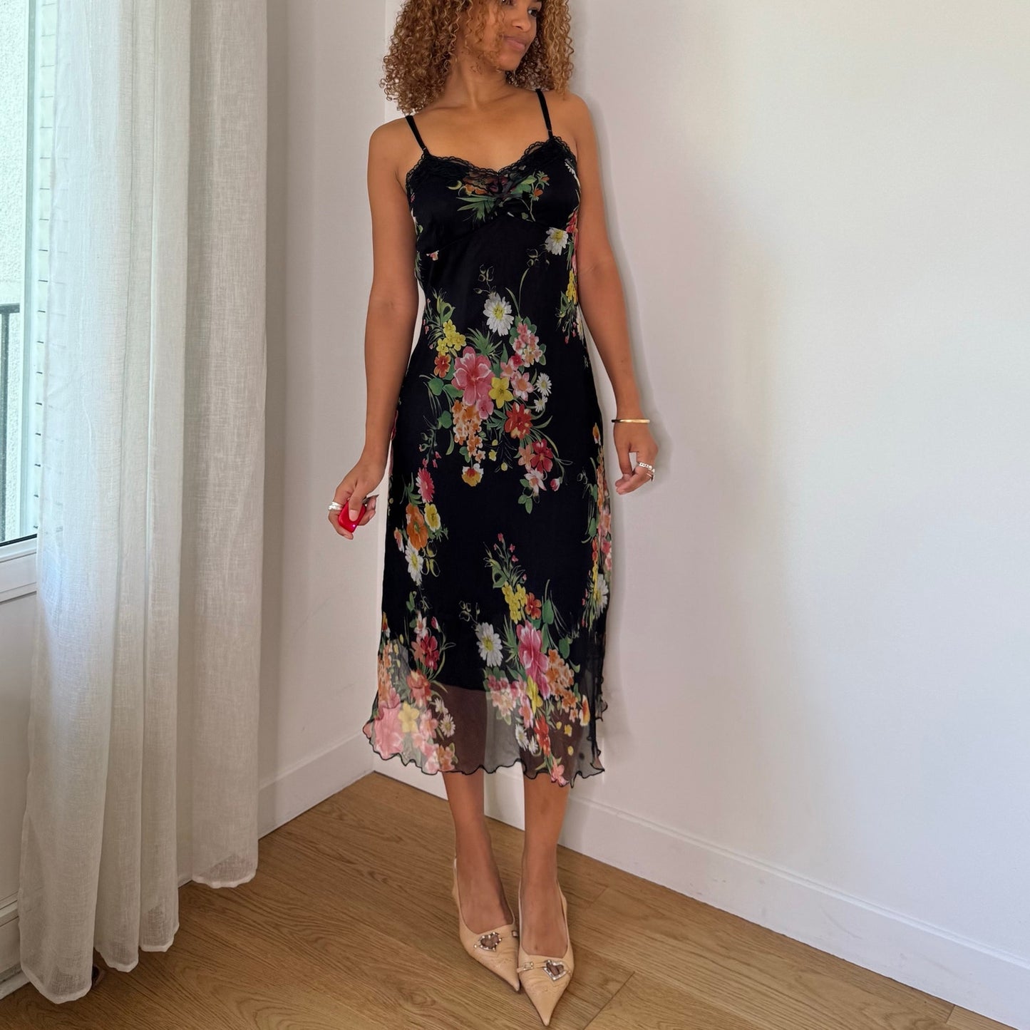 Vintage Black Pink Green Floral Silk Mesh Midi Dress Italian Y2K (S/M)