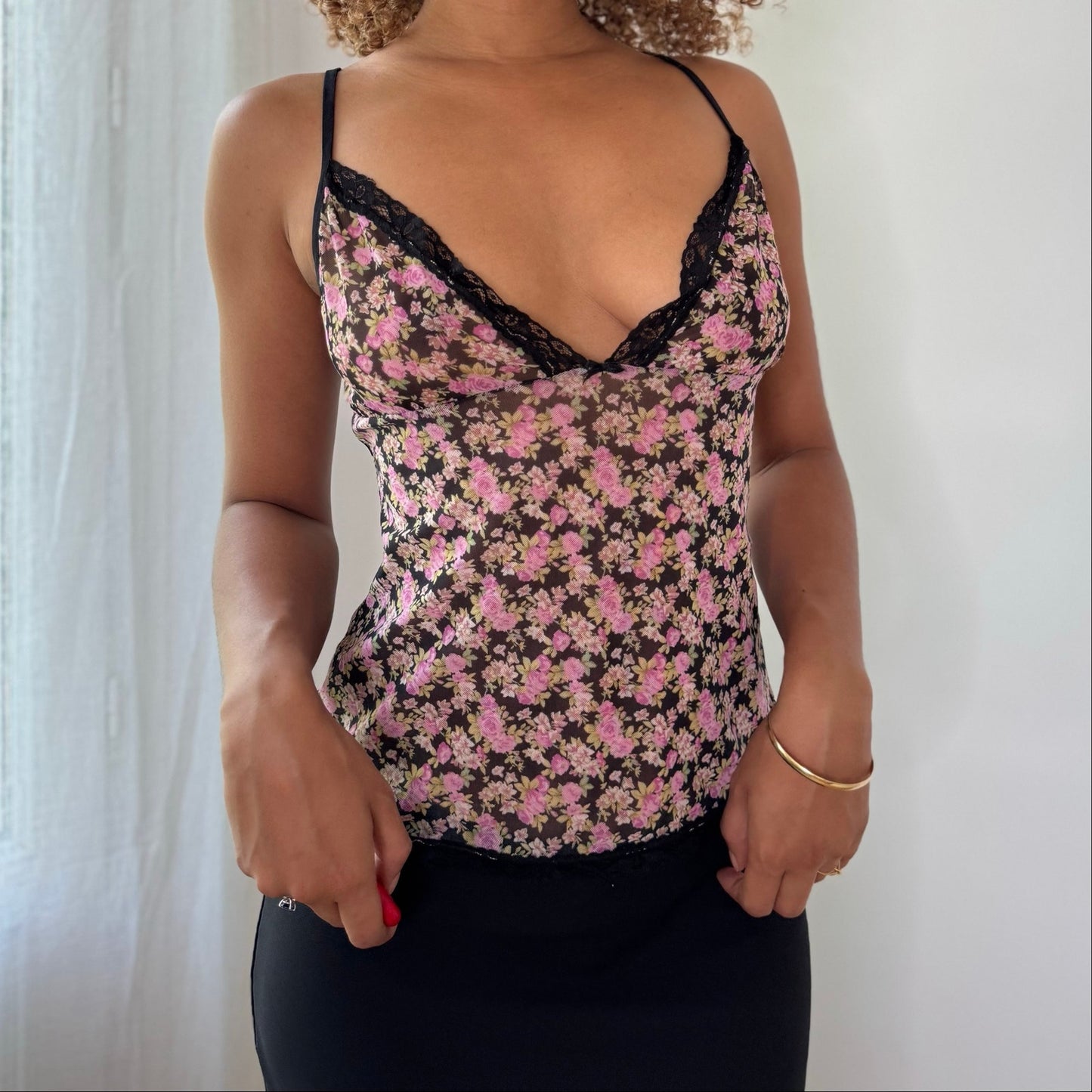 Vintage Floral Mesh Lace Cami Top Sheer Italian Y2K (S)