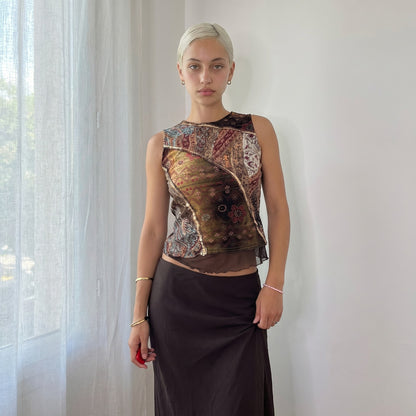 Vintage Brown Green Patchwork Mesh Sequin Top Italian Y2K (S/M)