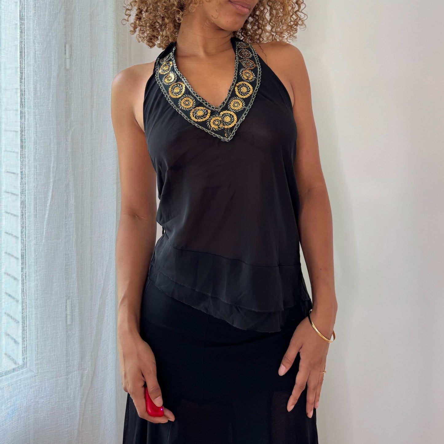 Vintage Black Gold Embroidered Sequin Halter Top Italian Y2K (S)