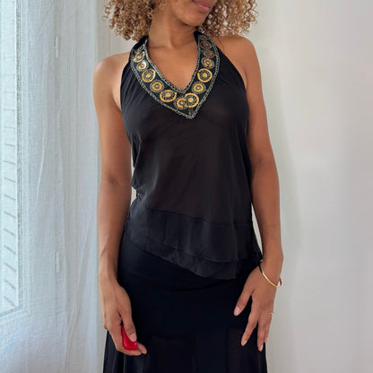Vintage Black Gold Embroidered Sequin Halter Top Italian Y2K (S)