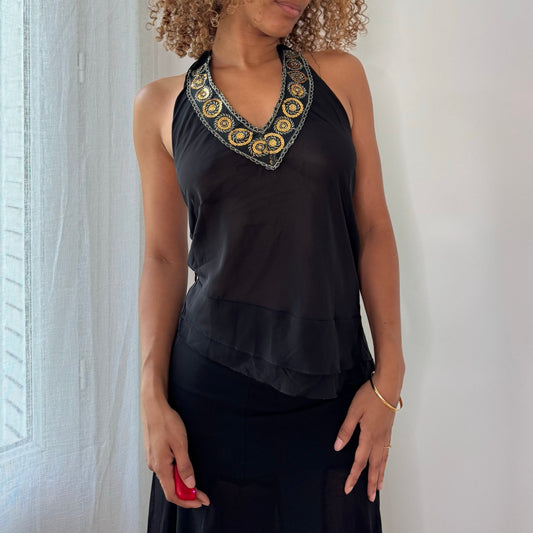 Vintage Black Gold Embroidered Sequin Halter Top Italian Y2K (S)