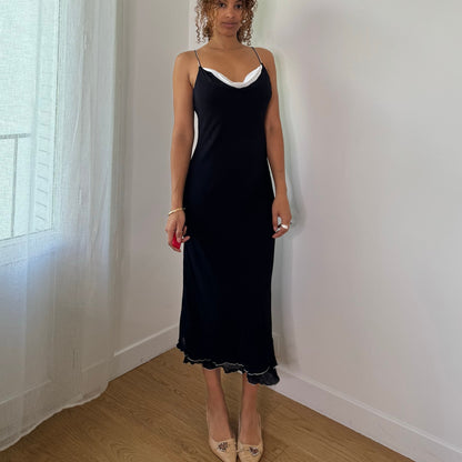Vintage Black White Layered Mesh Cowl Neck Maxi Dress Euro Y2K (S)