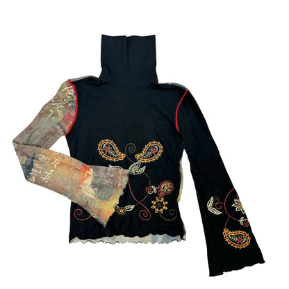 Italian Designer embroidered top with graphic mesh fabric (S)