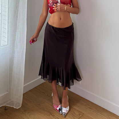 Vintage Brown Mesh Ruffle Midi Skirt Euro Y2K (S)
