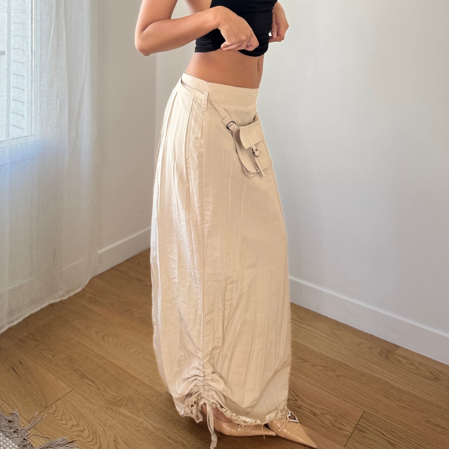 Vintage French Cream Maxi Skirt Ruched Hem (XS/S)