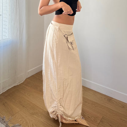 Vintage French Cream Maxi Skirt Ruched Hem (XS/S)