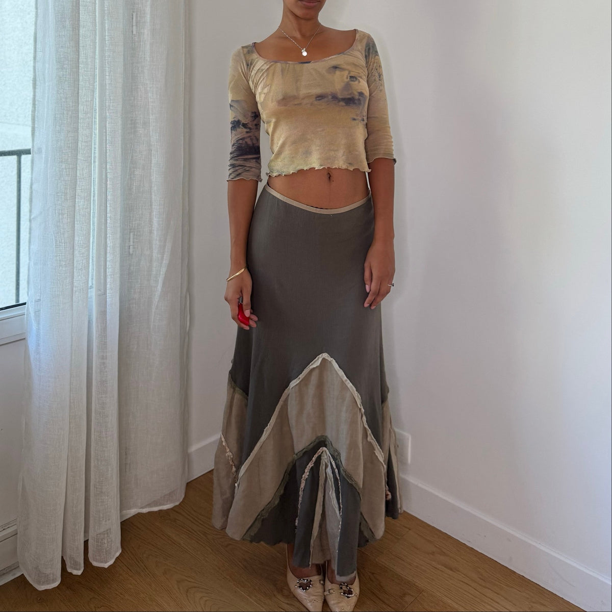 Vintage Italian Taupe Panelled Maxi Skirt (S)