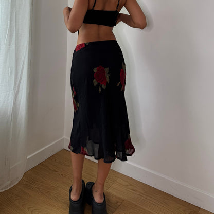 Vintage Black Red Rose Mesh Midi Skirt Double Lined Y2K (S)