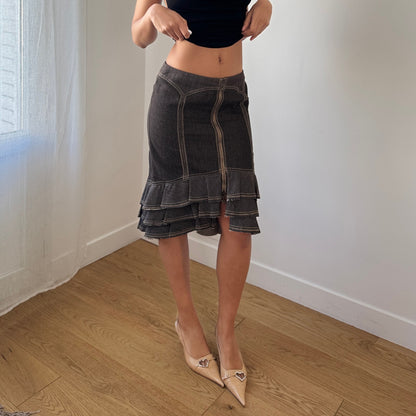 Vintage Euro Denim Midi Skirt Contrast Stitch Ruffle Hem (S)