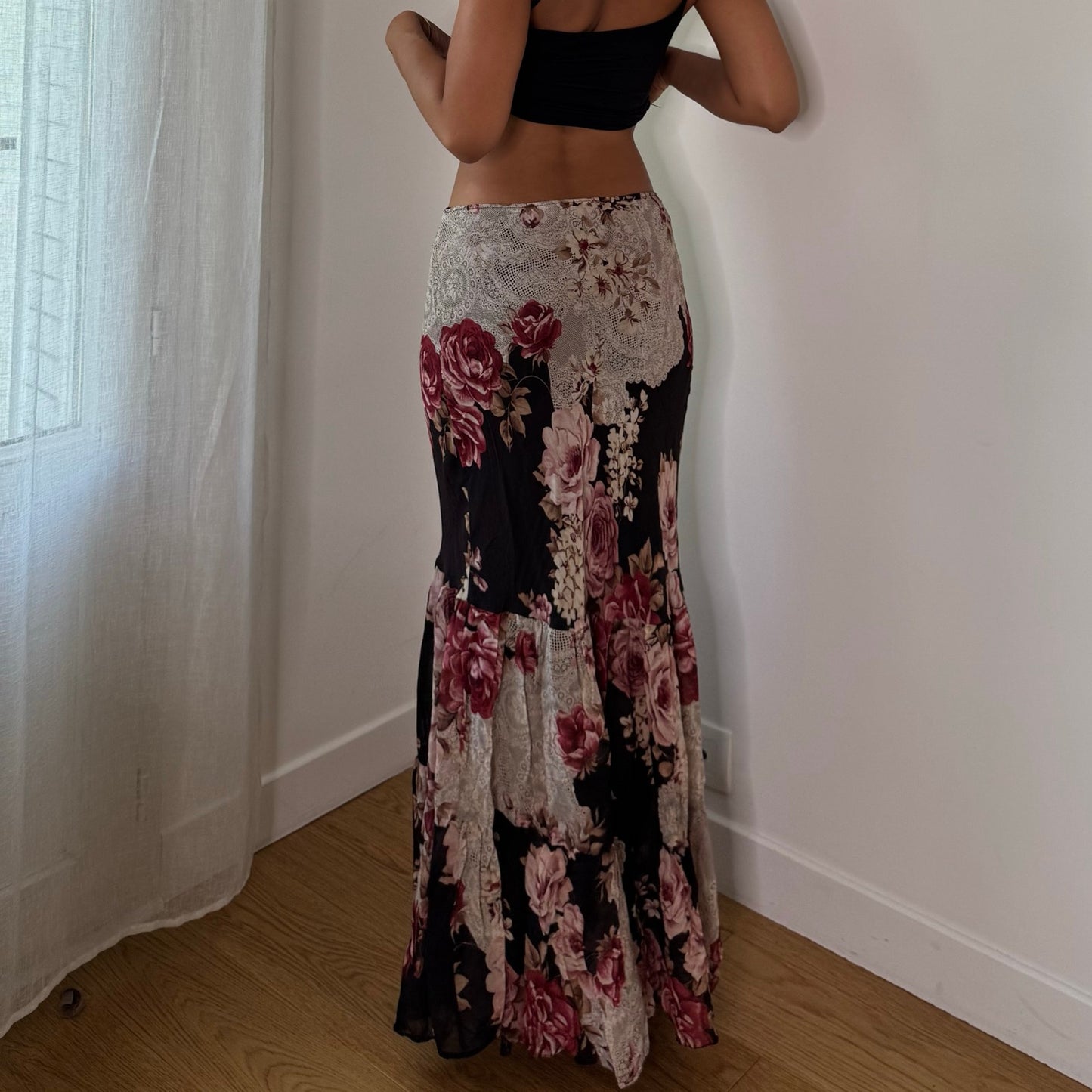 Vintage Black Dusty Pink Burgundy Rose Floral Mesh Maxi Skirt Euro Y2K (S)