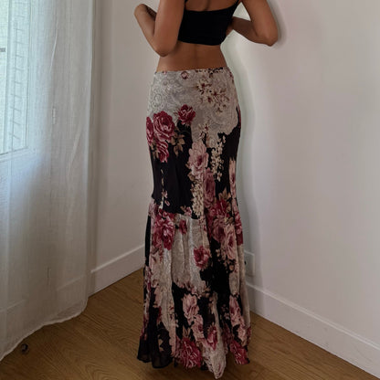 Vintage Black Dusty Pink Burgundy Rose Floral Mesh Maxi Skirt Euro Y2K (S)
