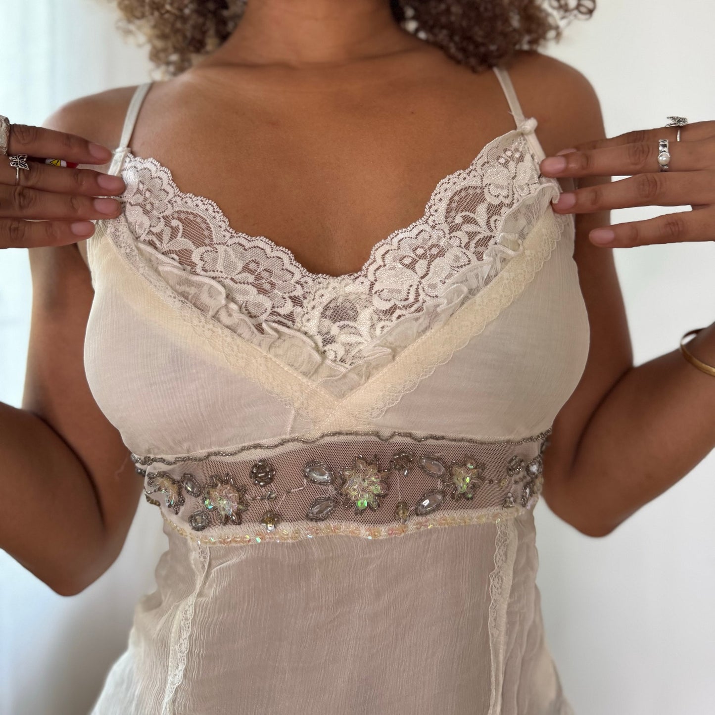 Vintage Ivory Cream 100% Silk Lace Beaded Mesh Cami Top Y2K (S/M)