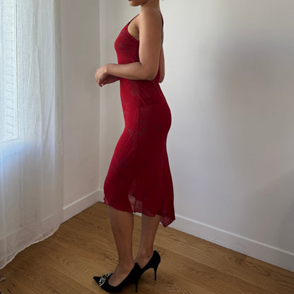 Vintage Italian Red Mesh Midi Dress Abstract Print Asymmetrical Hem (S)
