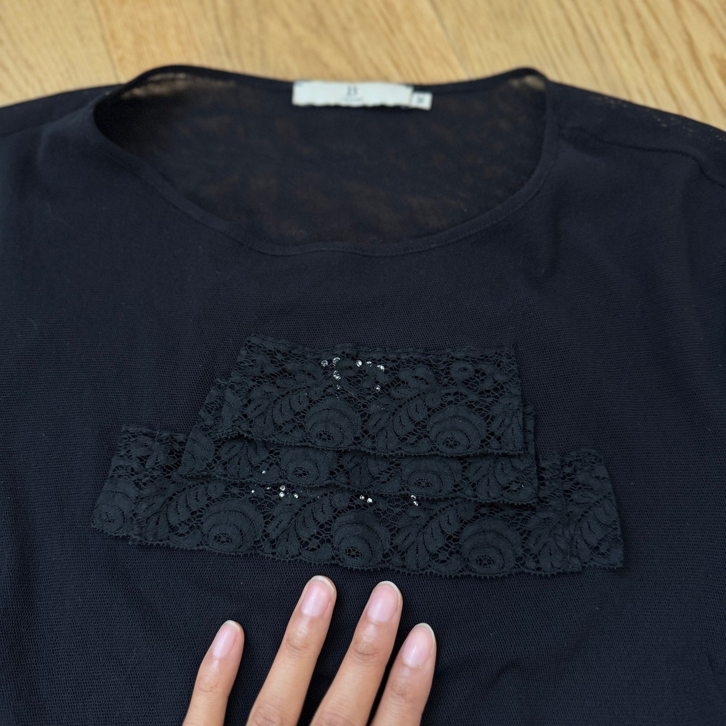 Vintage Euro Lace Mesh Top Rhinestone Sheer Y2K Long Sleeve (S/M)